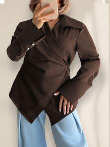 女士优雅系带长袖衬衫，纯色梭织面料，系带设计，适合办公室和日常穿着，春秋季 - 棕色 - 查看 1