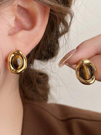 1 Pair Elegant Vintage Style Tiger Eye Stone Earrings, Asymmetrical Metal Design, Fashionable Minimalist Versatile Women Earrings, Luxury Retro Earrings