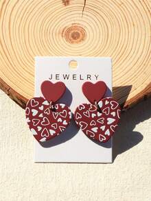 1 Đôi bông tai Acrylic hình trái tim lãng mạn dành cho nữ với họa tiết gốm đỏ thẫm và hình trái tim - Nhiều màu - Xem 1