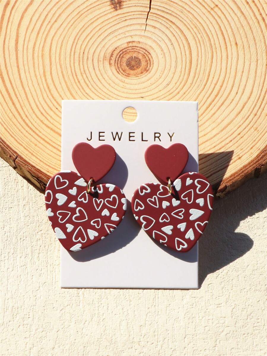 1 Đôi bông tai Acrylic hình trái tim lãng mạn dành cho nữ với họa tiết gốm đỏ thẫm và hình trái tim - Nhiều màu - Xem 1