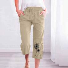 Pantalones Casuales de Lino para Mujer, Cintura elstica 3/4, Pierna Recta con Bsggy Lounge - inicial - Ver 2