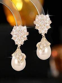 1 Đôi bông tai mặt dây chuyền ngọc trai giả thanh lịch, đính đá Cubic Zirconia, mạ vàng đồng, thích hợp làm quà tặng đính hôn, cưới và kỷ niệm. - Vàng - Xem 4