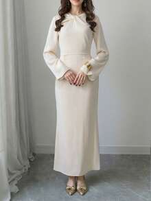 1 件纯色休闲优雅梭织面料新款长袖连衣裙，女士日常、度假、旅行、春秋季 - 白色 - 查看 2