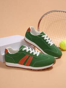 Zapatillas de deporte de mujer con bloques de color retro, zapatos casuales con rayas laterales de ante, entrenadores ligeros y versátiles para estudiantes - Verde militar - Ver 2