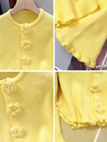 JIANHU Spring New Flower Button Frayed Knit Cardigan Women Loose Sweet Elegant Coat Versatile Long Sleeve Sweater - Yellow - View 9