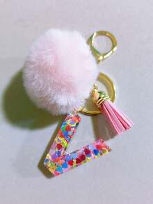 1 件字母首字母钥匙扣可爱毛绒绒球钥匙链环包背包饰品汽车挂件女士女孩礼物，可爱亮片树脂钥匙扣，钱包和手提包配件，带流苏的钥匙扣，字母首字母 A-Y 学校 - 粉色 - 查看 22