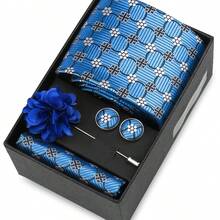 男士正式婚礼领带套装，涤纶面料领带，口袋巾，袖扣，胸针礼盒套装，金色格子图案 - 混色 - 查看 9