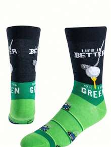 1双男士高尔夫主题过膝袜 - 弹性舒适，印有趣味高尔夫球车和“Life Is Better On The Green”（生活更美好，尽在绿茵场）字样 - 高尔夫爱好者新奇礼物，高尔夫配件，男女皆宜 - 彩色 - 查看 6