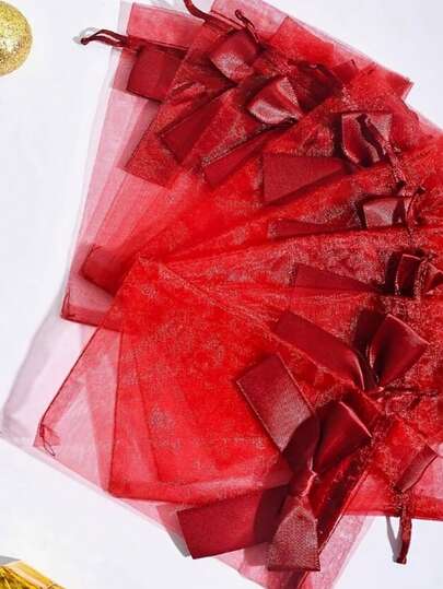 5 st/set röda presentpåsar med nätsnöre, transparent material, nätpåsar med dragsnöre och rosett, lämpliga för smycken, kan även användas för att förvara godis eller snacks till jul, alla hjärtans dag, bröllopspresenter och födelsedagsfester.