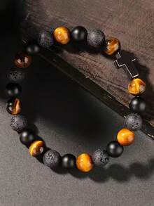 1 pièce Bracelet vintage pour homme en pierre d''œil de tigre et perles noires avec pendentif croix - Bijou décoratif de protection décontracté, cadeau pour lui, petit ami, ami