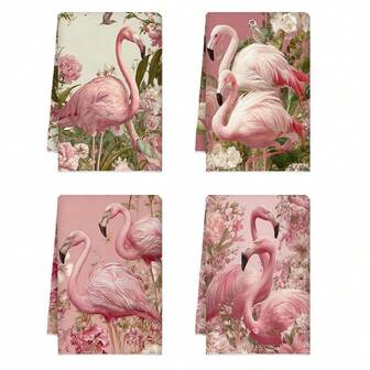4pcs Flamingo Pattern Decorative Hand Towels, Pink Flamingo Design, Machine Washable And Reusable Dish Cloths, Ideal For Kitchen, Bathroom Or Holiday Decor, Kitchen Decor | Whimsical Flamingo Theme | Polyester Towels, Flamingo Decor