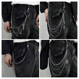 1 Stück Mehrschicht-Metallhose-Kette, Silberlegierung Material, Kreuz/Spinnennetz-Anhänger Dekoration, dunkler Punk-Stil Taillenkette - geeignet für Jeans & Cargohosen Accessoires, Streetwear, Halloween & Weihnachts-Looks