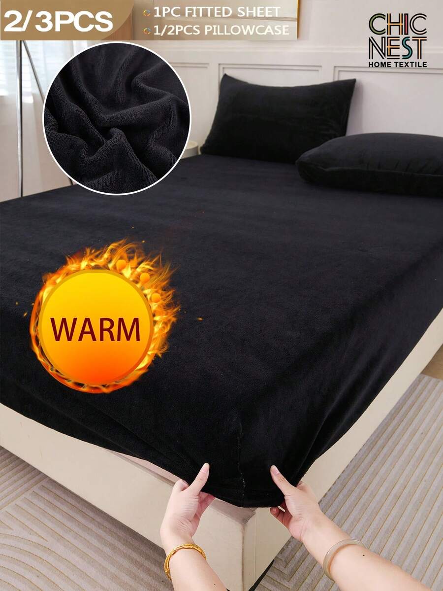 2/3件套黑色天鹅绒床笠套装，温暖柔软，纯色绒面床笠床罩套装，尺寸可选：特大号、大号、标准双人床、单人床，奢华超柔软舒适底布，11.8英寸深口袋设计，适合秋冬春季使用，包含1个床笠和1/2个枕套。 - 黑色 - 查看 1