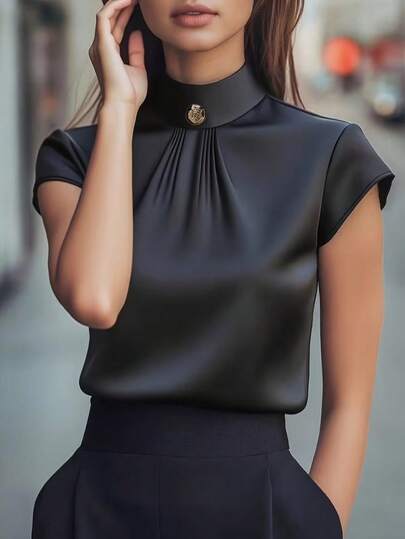 Women's Elegant Funnel Neck Blouse With Ruffle Details And Gold Buttons, Short Sleeve