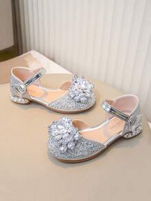 2026春季新款女童凉鞋，包头设计，镶钻蝴蝶结装饰，大童闪亮平底凉鞋，罗马凉鞋，女童公主风表演学生鞋，小童鞋 - 銀色 - 查看 3