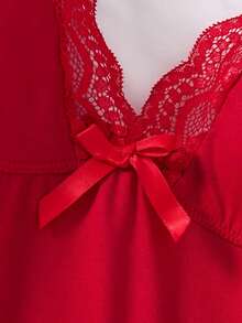2pcs Split Contrast Lace Nightgown Set, Sexy V-Neck Dress With Bow Detail, Solid Color Camisole Sleepwear For Women's Elegant Loungewear - 彩色 - 查看 2