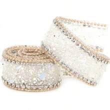 Cadena de Strass con Adhesivoérmico, Cinta de Cristales 2.5cm x 50cm para Manualidades, Vestidos Novia, Bisutería y Decoración, Color Dorado con Cuentas y Piedras Blancas - #01 - Ver 10