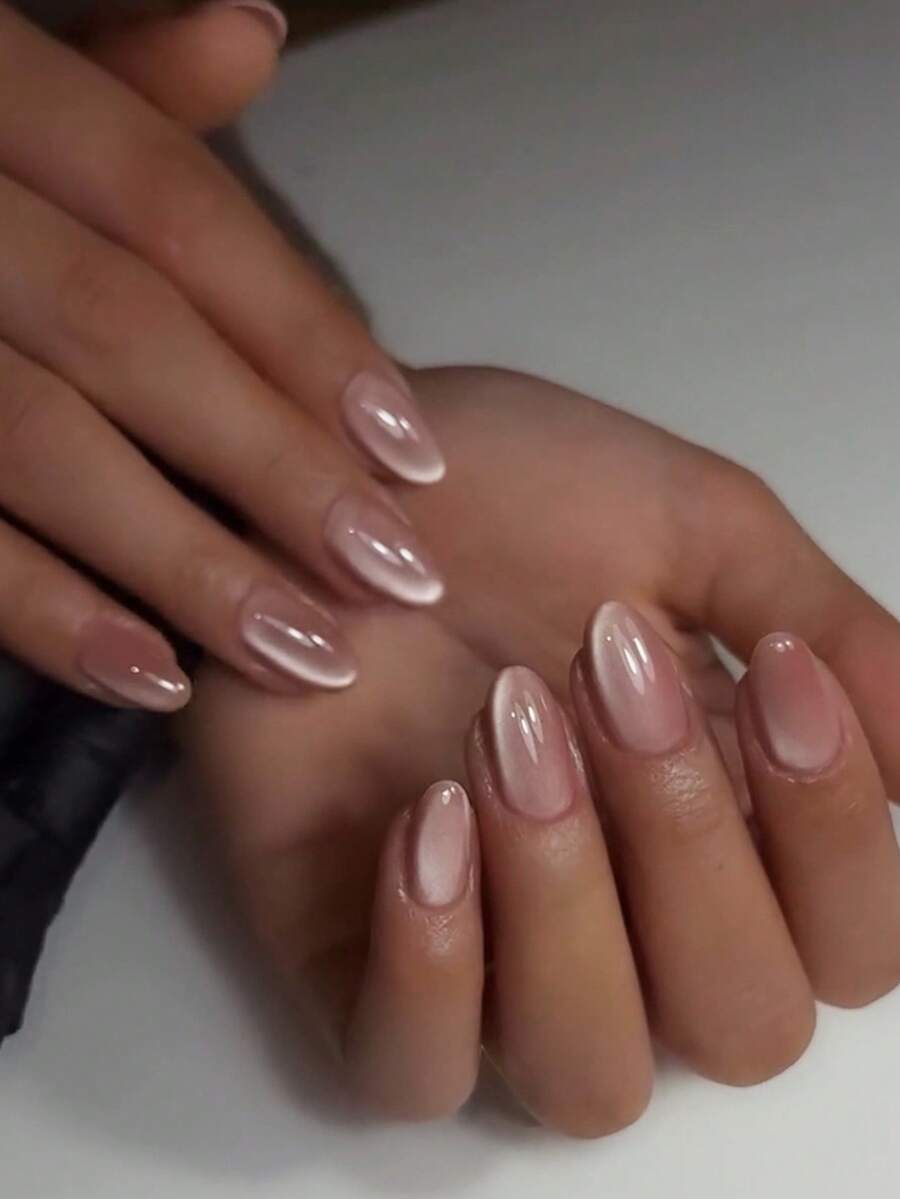 24片Y2K短款椭圆形灰粉色猫眼水晶美甲贴纸，中号，亚克力猫眼材质，完美贴合亚克力假指甲，包含1瓶果冻胶和1把指甲锉，适合女性和女孩日常工作、学习和派对DIY美甲用品 - 藕粉色 - 查看 1