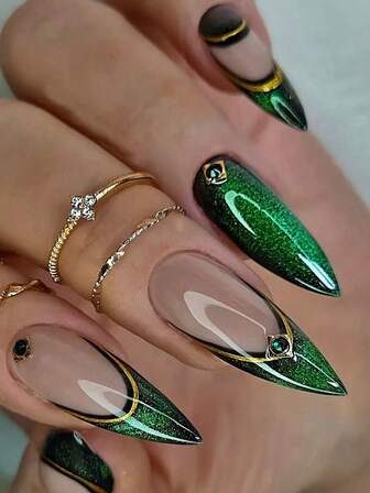 24 st. 3D-blommönster cat eye matt glitter nageltippar med nagelfil och gel, mandelformat nagelkonstset, lämpligt för kvinnor och flickor för högtider, fester, banketter - Z273 Grönt randig cat eye