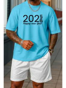 Conjunto Camiseta Bermuda Masculina Lançamento Happy 2026 Sofisticado Moderno Em Algodão Nobre - Azul bebê - Visão 1