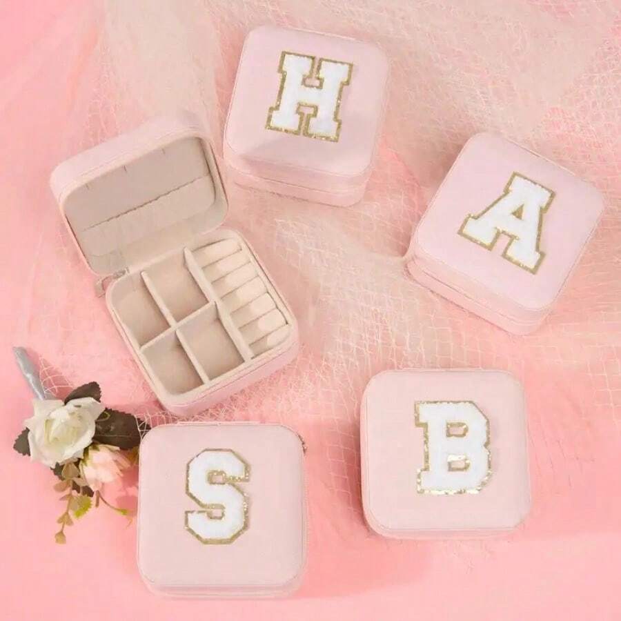 1pc Letter Embroidery Sequin Mini Jewelry Box, Cute Pink Earrings Rings Neckline Storage Bag, Portable PU Leather Jewelry Bag - Pink - View 1