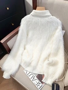 JIANHU Korean Style Fluffy Knit Cardigan - Soft Faux Fur Sweater With Fan-Shaped Ruffle Trim And Pearl Buttons, Comfortable High Collar Jacket, Versatile For Daily Wear, Autumn/Winter - White - View 6