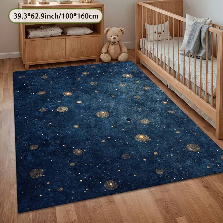 Large Retro Navy Blue And Gold Area Rug - Dark Blue And Gold Star Pattern, Soft And Fluffy Texture, Floor Mat, Suitable For Living Room, Bedroom, Entrance, Office - Navy Blue Home Decor, Traditional Style, Large Rectangular Floor Mat, Suitable For High Traffic Areas, Indoor Use, Dark Blue And Gold Tone Luxury Floor Mat, Vintage Carpet, Large Living Room Rug, Large Living Room Mat, Bedroom Area Rug - 彩色 - 查看 1