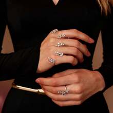 1pc Adjustable Copper Zirconia Leaf Ring, Fashionable Rhinestone Bracelet, European And American Style - Silver - View 1