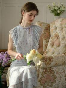 Simple Retro Women's Floral Print Flutter Sleeve Mermaid Hem Maxi Dress - Gray Blue - View 5