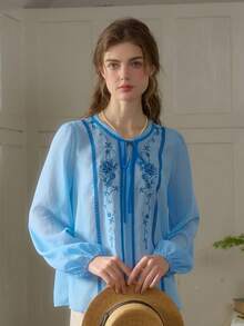 Simple Retro Women's Light Blue Sheer Chiffon Contrast Embroidery Long Sleeve Blouse, Vacation Style, Spring/Summer - Blue - View 6