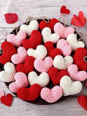 1/9pcs Red & Pink & White Hand-Crocheted Heart-Shaped Decor, Gift Bauble Filler For Valentine's Day, Wedding, Anniversary Party, DIY Craft Decorations