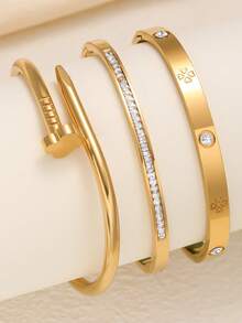 Elegant Shiny Fashion Single Row Rhinestone Stainless Steel Bracelet For Women, Suitable For Daily Wear And As Gift For Friends - Yellow Gold - View 3