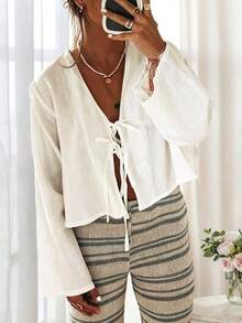 Plus Size Y2K Tie Front Blouses For Women Casual Lace Up Bow Boho Kimono Shirts Chic Loose Hollow Out V Neck Flare Long Sleeve Tops Going Out Coquette Clothes Holiday Outfits For Women Going Out Outfits Cute Tops Y2k Clothes Women - White - View 2