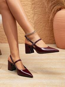 Women's High Heel Pumps, Fashion Pointed Toe Hollow Out Thick Heel Shoes With Ankle Strap, Slingback Sandals, Suitable For Commuting And Office Wear - Burgundy - View 8