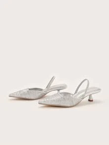 Sepatu Hak Kitten Lipit Warna Polos untuk Wanita, Sepatu Hak Tinggi Ujung Lancip Elegan, Sepatu Hak Tinggi Tali Pergelangan Kaki Modis (Potongan Acak) - Perak - View 4