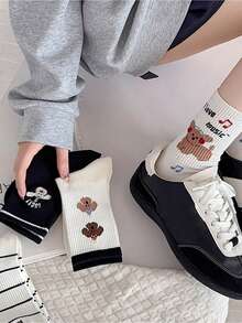 5 paires de chaussettes coréennes style automne/hiver nouvelles pour femmes, chaussettes mi-mollet mignons style dessin animé, chaussettes de sport avec une touche d'écolière - Multicolore - Voir 2