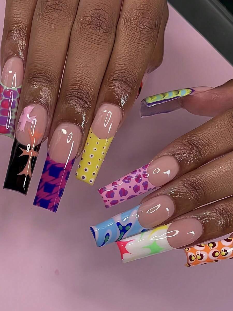 Y2K Style Nail Upgrade! 24pcs Rectangular Press-On Nails, Y2K Fuchsia & Navy Checkerboard Pattern, French Fashion Cross Design, Black French Classic Rock Nails, Pink Leopard & Tortoiseshell Pattern, Full Cover Fake Nails Set, Suitable For Women & Girls. Includes 1 Adhesive Sticker Sheet And 1 Mini Jelly Gel Strip. Random Delivery. - Multicolor - View 1