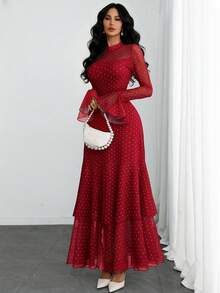 Đầm nữ lãng mạn, gợi cảm và thanh lịch họa tiết chấm bi hiện đại, cổ đứng, xẻ tà đôi, nhiều lớp, thích hợp cho hẹn hò, du lịch và sinh hoạt hàng ngày, màu đỏ mùa xuân. - Đỏ - Xem 2