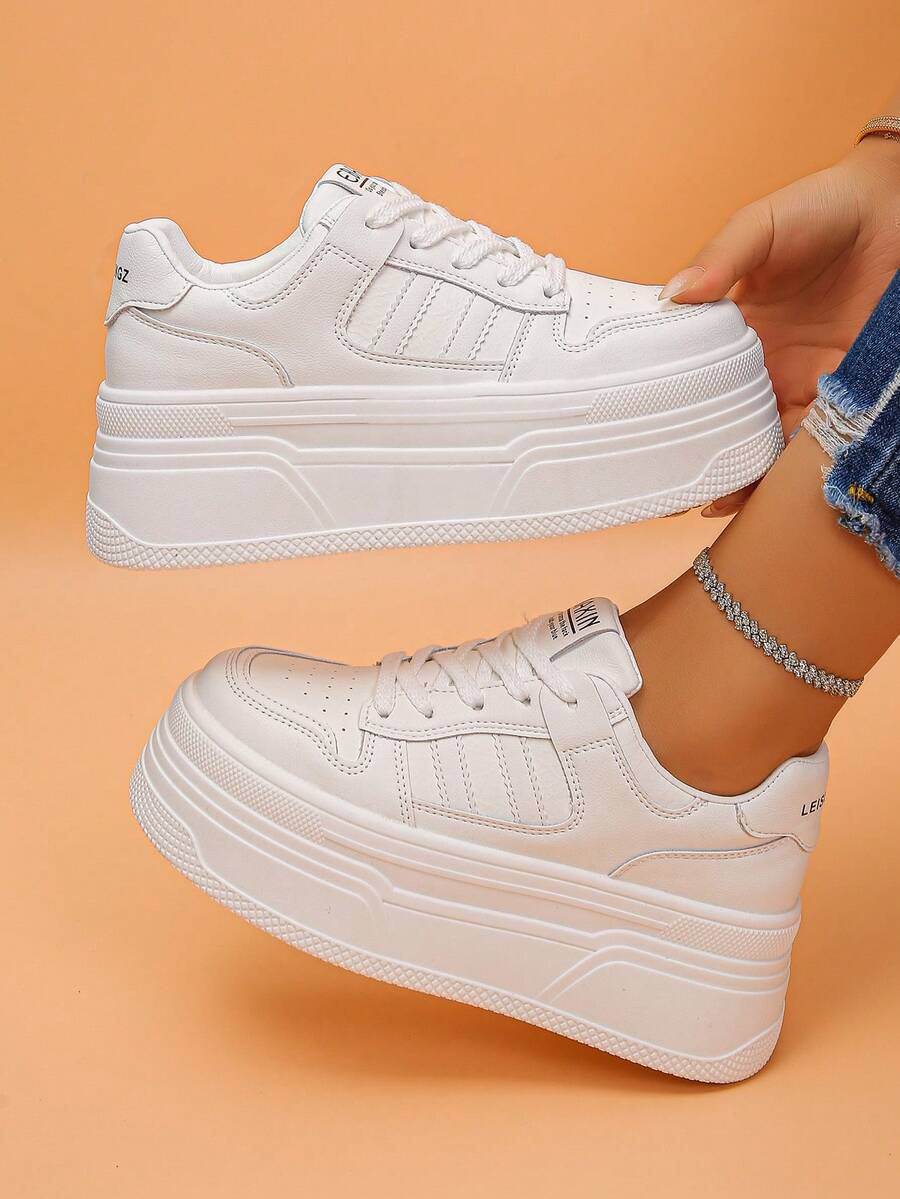 Fashionable Lace-Up White Platform Sneakers For Women - White - View 1