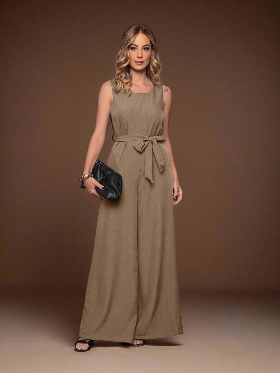 Women's Fashion Jumpsuit, Elegant Tailored Wide Legs, Discreet Pockets, Bandage Style - Màu Khaki - Xem 1
