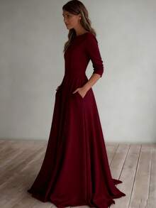 Solid Color Elegant Knit Fabric Zipper Pleated Wedding Spring - Burgundy - View 2