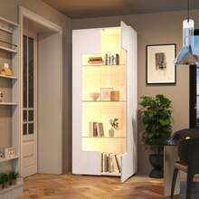 70*40*173cm Living Room Display Cabinet, Display Cabinet With 2 Acrylic Doors, High-Gloss Display Cabinet With LED Light Strip, Load-Bearing Cabinet Made Of Tempered Glass, Wide Living Room Cabinet, Tall Cabinet, MDF, White - White - View 4