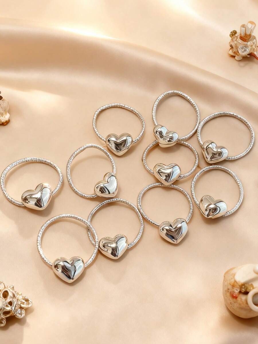 10pcs Silver Hair Ties With High-End Feel And Heart Design Hair Accessories