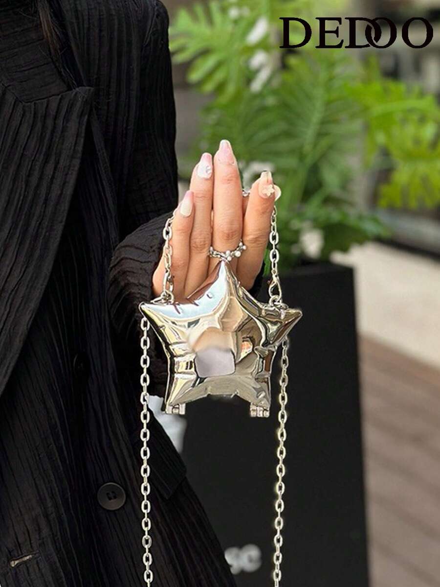 Dedoo 1个新款个性化时尚星形单肩包，带链条，可扩展星形盒式手拿包，硬壳装饰包，趣味节日音乐星形包，闪亮银色表面，适合女性
