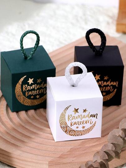 20pcs Luxury Mini Gift Box Set, Suitable For Eid: Black, Green And White Boxes Decorated With Gold Moon And Star Patterns, With Woven Handles - Perfect For Storing Candies, Chocolates And Small Gifts For Eid Celebrations And Special Islamic Occasions.