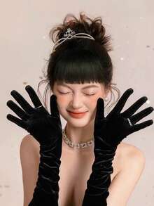 1 Pair Women's Retro Formal Gloves, 53cm Extra Long Velvet Gloves Suitable For Formal Occasions, Dates, Parties, Holidays, Weddings - Black - View 3