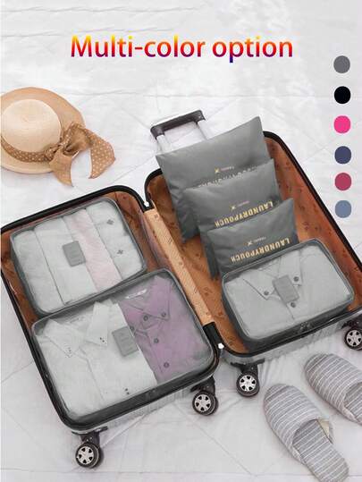 6pcs/Set Travel Luggage Organizer Set - Packing Cubes, Toiletry Bag, Compression Pouches, Garment Bags, Cosmetic Bag, Shoe Bag. Suitable For Cosmetics, Skincare, Makeup, Stationery, Electronics And More. Great Gift For Holidays