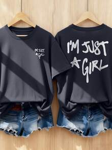 Tricou de vară pentru femei, cu imprimeu personalizat, cu guler rotund, stil de purtare zilnică, I'am Just Girl. Tricouri grafice pentru femei - Gri inchis - Vizualizare 5