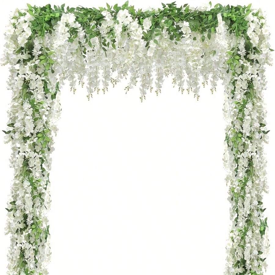 Spring Wisteria Artificial Flowers Garland, 4pcs 36FT White Wisteria Hanging Flowers, Flower Garland Decorations For Home Garden Outdoor Ceremony Wedding Arch Decoration - trắng - Xem 1