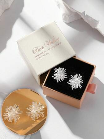 Gift Box Set Elegant Snowflake Faux Fur Cubic Zirconia Stud Earrings, Women Wedding Party Daily Jewelry, Suitable For Holiday Gifts